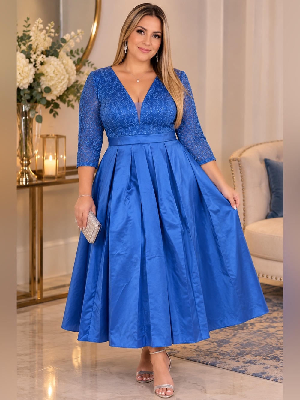 Elegant Long Royal Blue V-Neck Lace Bodice Pleated Wedding Dress